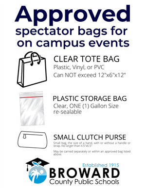 approved bags: clear tote bag, gallon ziploc, small purse